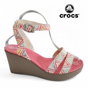 CROCS Leigh Chevron Wedge Sandals pink size 8